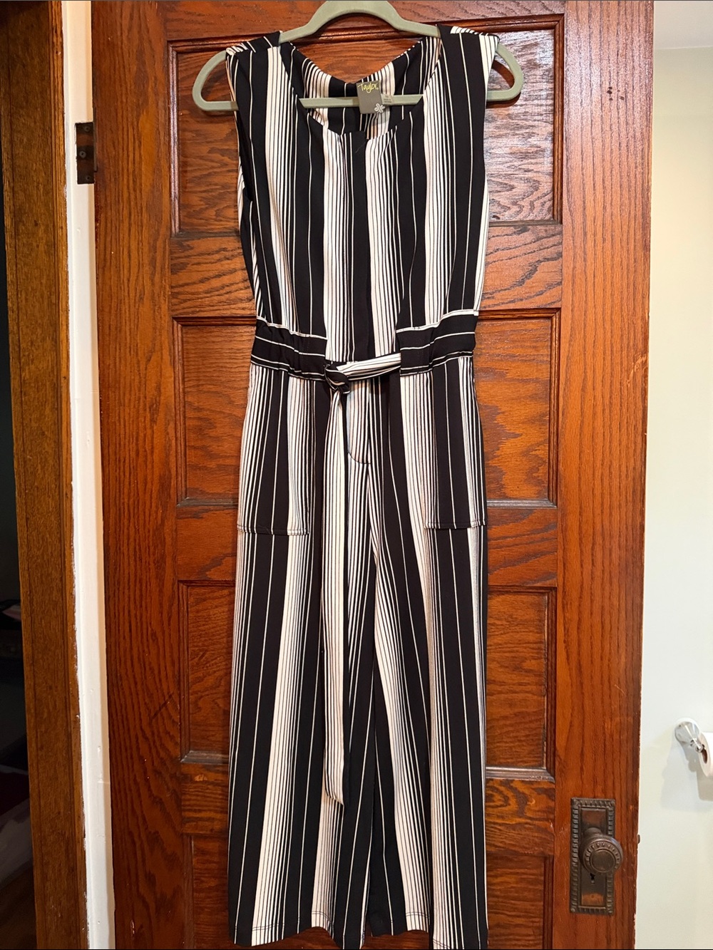 Black and White Vertical Stripe Jumpsuit. Shoulder to hemline 48”